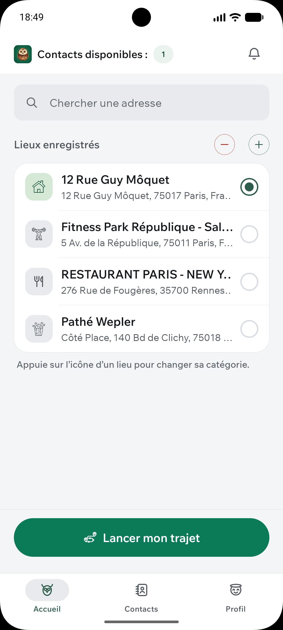 L’accueil d’Owlnight : le lieu enregistré « 12 Rue Guy Môquet » sélectionné et « Lancer mon trajet » disponible.