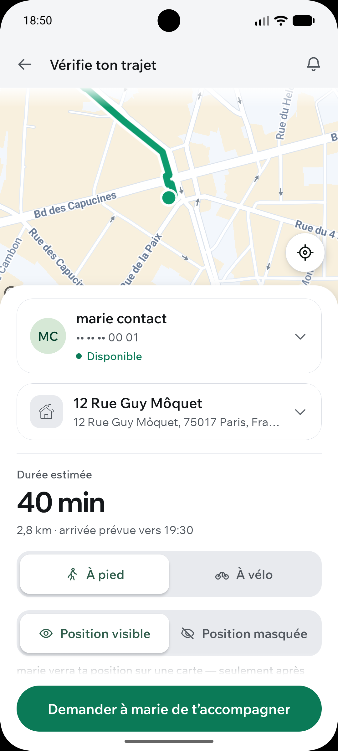 Le trajet vérifié : l’itinéraire sur la carte, le contact disponible, 40 minutes estimées, et l’action qui lui demande de t’accompagner.